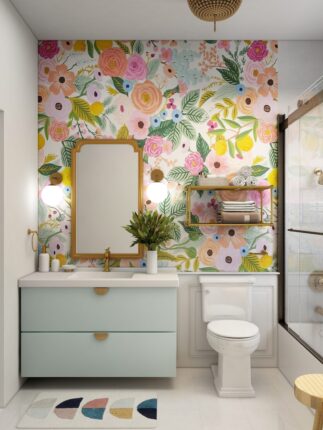 a bathroom with a floral wallpaper and a white toilet