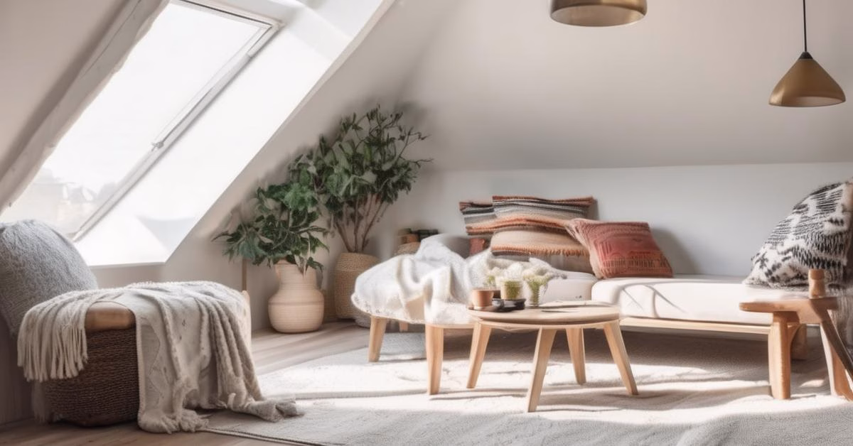 Jasne poddasze z dużymi nowoczesnymi oknami dachowymi, urządzone w skandynawskim stylu minimalistycznym z elementami boho.