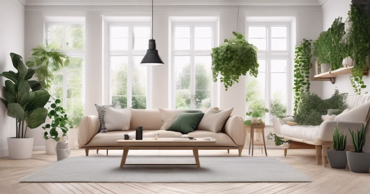 Alt: Skandynawski salon z bluszczem pospolitym, kanaryjskim i perskim w minimalistycznych doniczkach oraz na nowoczesnych półkach, jasna podłoga drewniana, przytulna jasna sofa z dekoracyjnymi poduszkami, naturalne światło wpadające przez duże okno.