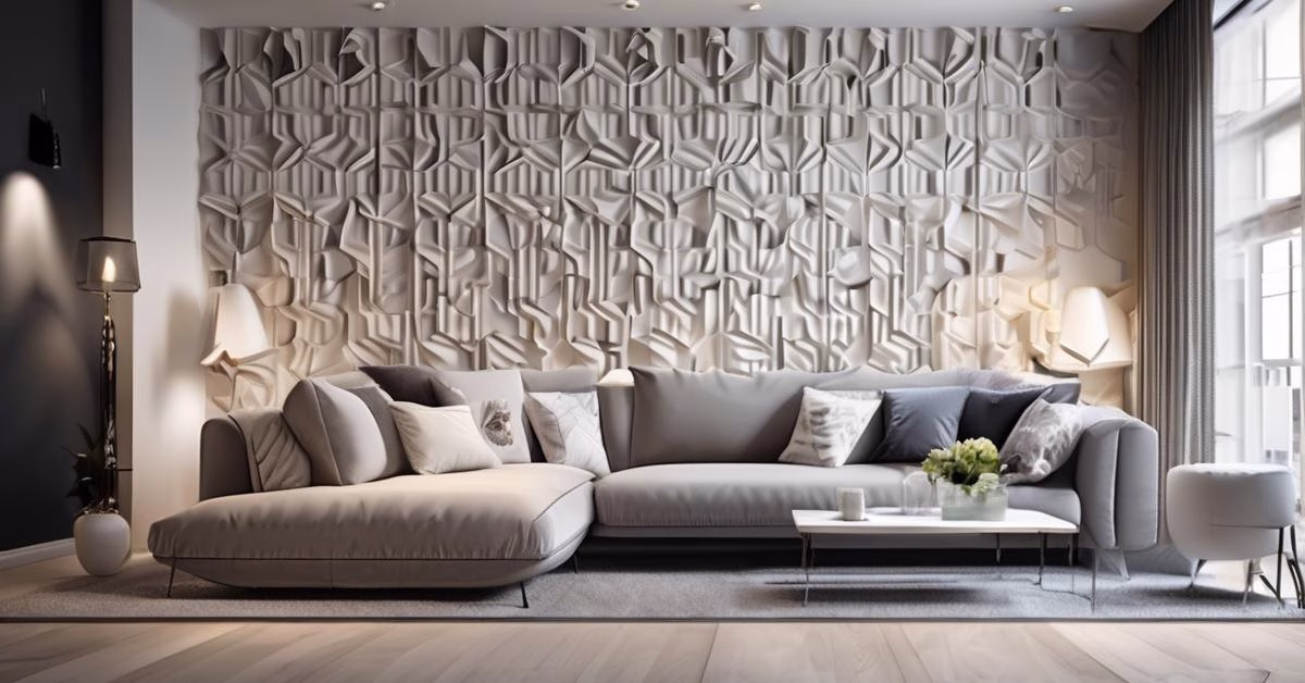 Nowoczesny salon z trójwymiarową ścianą w geometryczne wzory, eleganckie meble i subtelne oświetlenie.