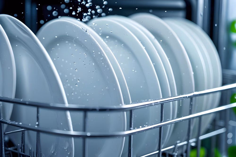 Białe talerze w koszu zmywarki.