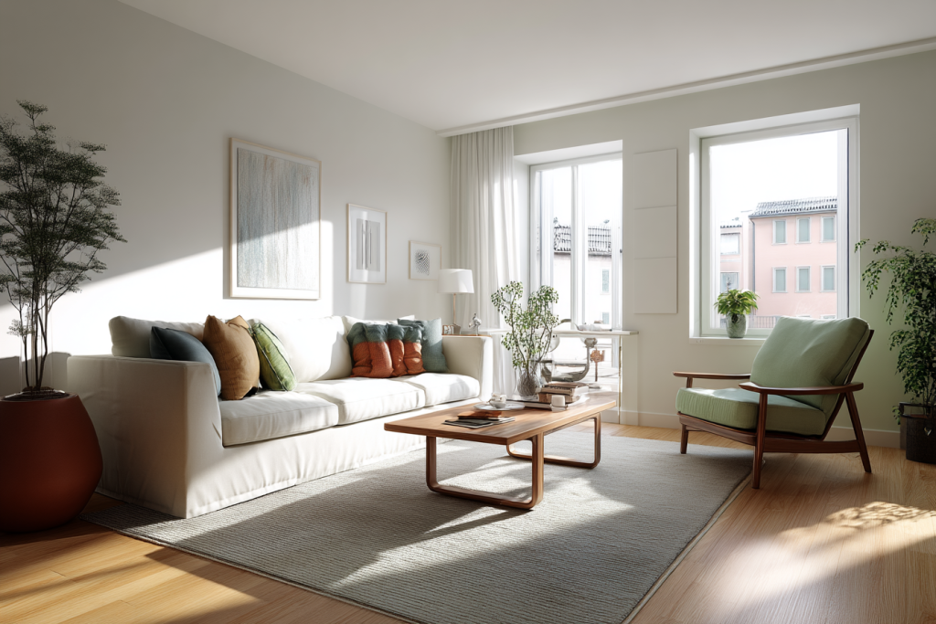 Salon z meblami (sofa, stolik, fotel) idealnie dopasowanymi rozmiarem do pomieszczenia, ilustrujący zasadę zachowania właściwej skali i proporcji w aranżacji wnętrz