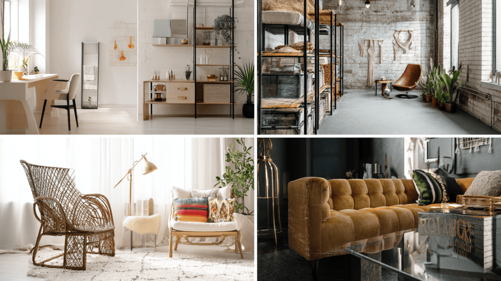 Kolaż czterech różnych stylów wnętrz (skandynawski, industrialny, boho, glamour) pokazujący ich kontrastujące cechy i atmosferę.