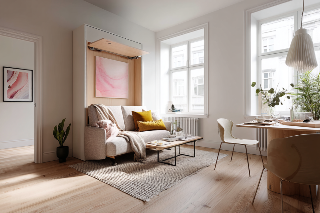 Nowoczesny mebel wielofunkcyjny (np. rozkładana sofa lub podnoszony stolik) w stylowo urządzonym małym salonie, pokazujący praktyczne rozwiązania do niewielkich przestrzeni.