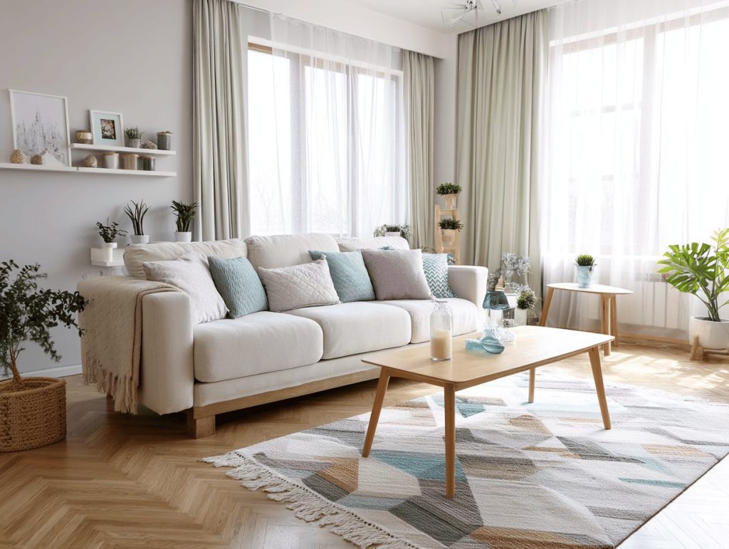 Salon w stylu skandynawskim z minimalistycznym designem, jasną sofą, drewnianym stolikiem i geometrycznym dywanem.