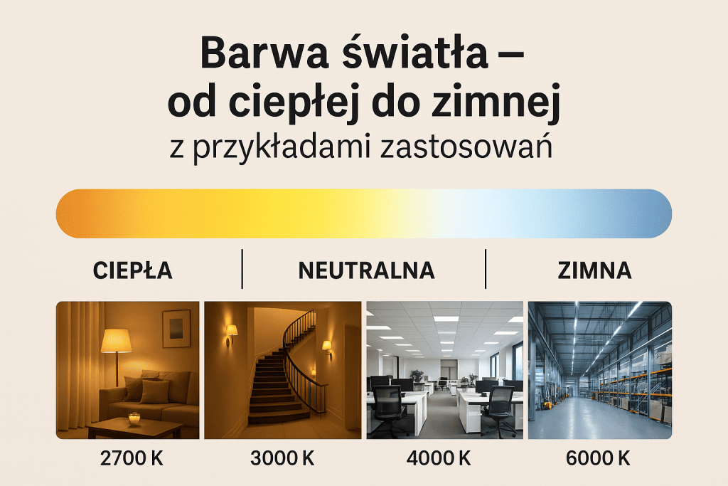 Infografika "Barwa światła – od ciepłej do zimnej z przykładami zastosowań