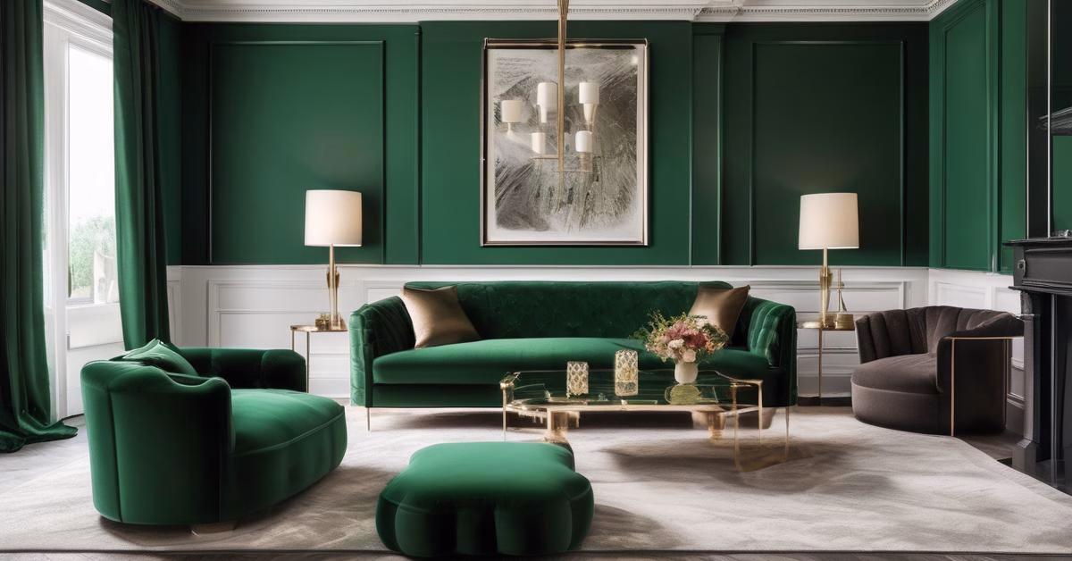 Centralny salon z elegancką sofą w szmaragdowym kolorze, nowoczesne wnętrze z drewnianymi akcentami i złotymi detalami.