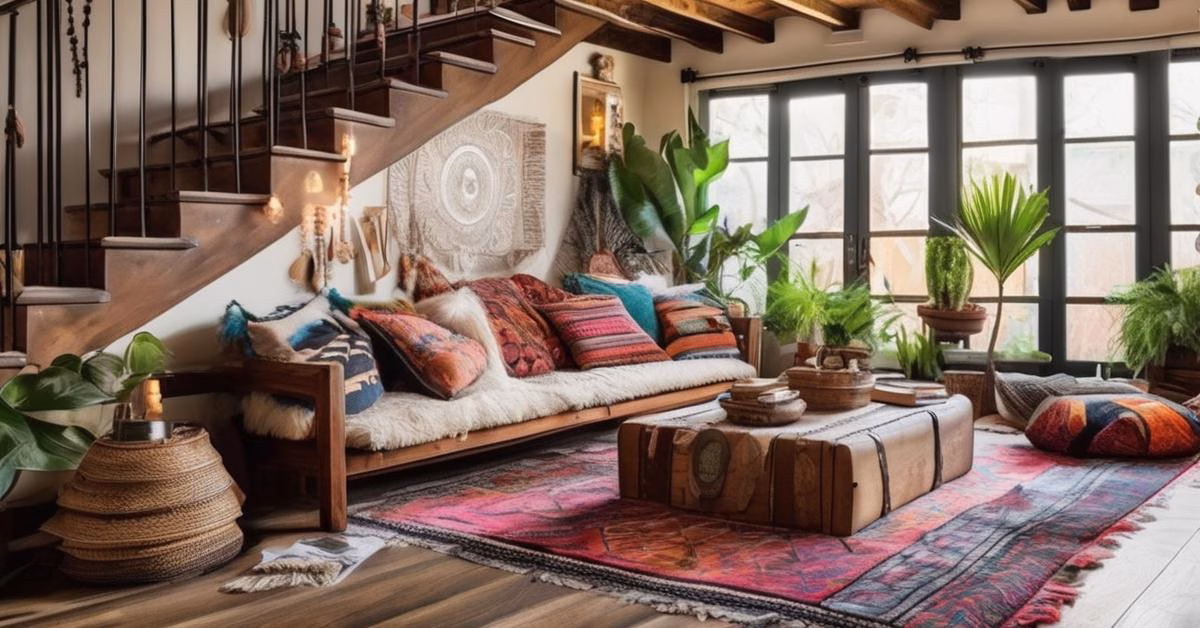 Artystyczny salon w stylu boho z otwartymi schodami, drewniano-metalowymi, otoczony kolorowymi dywanikami, ręcznie robionymi dekoracjami i bujnymi roślinami.