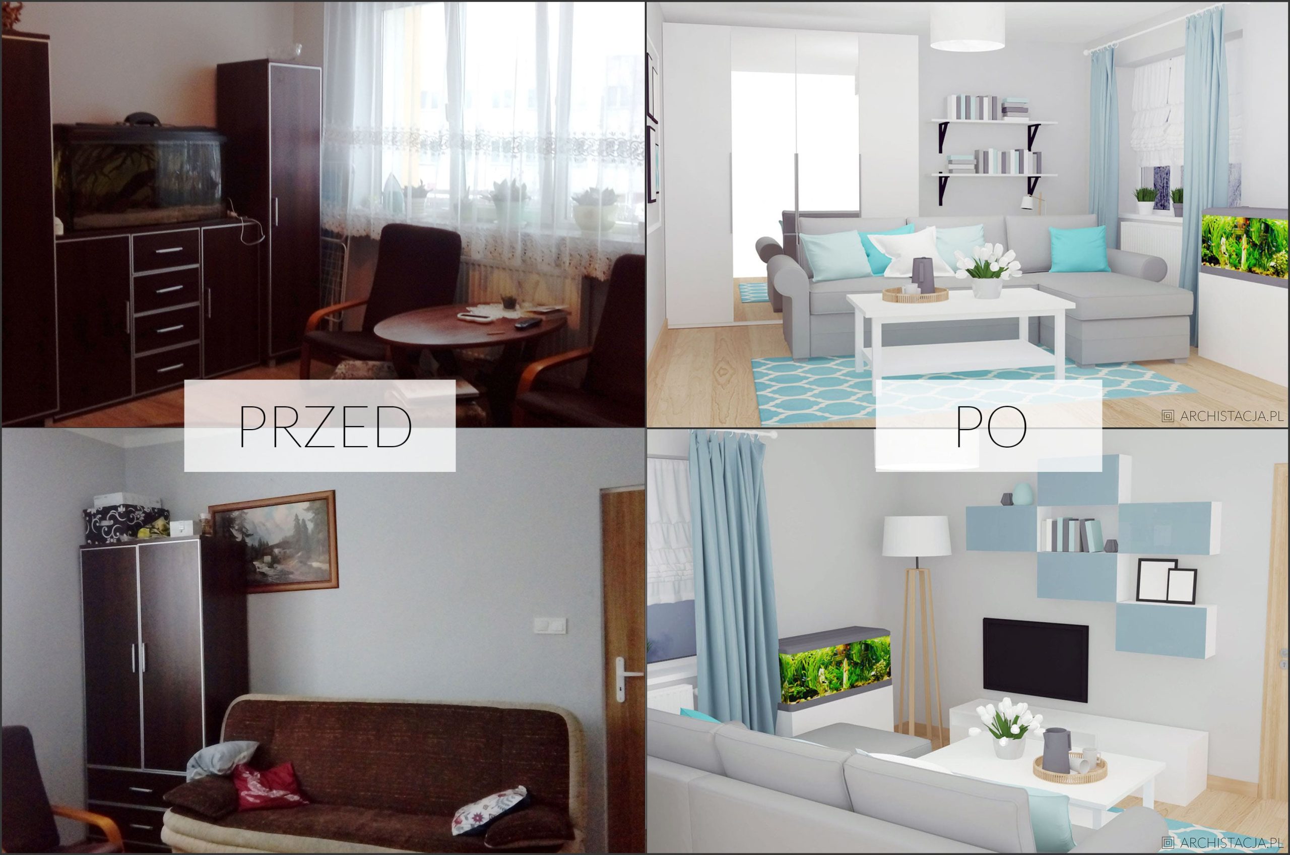 Zdjęcia Przed/Po pokazujące rozwiązania dla małych lub trudnych przestrzeni